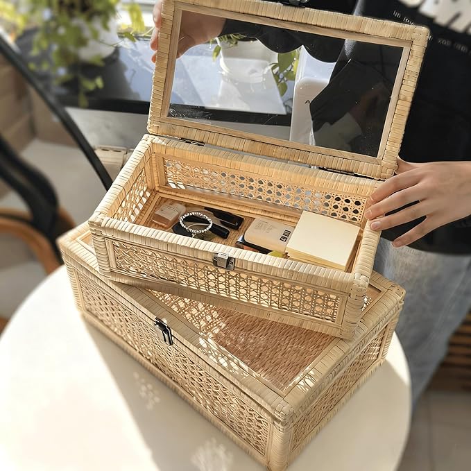 Decorative Box,Rattan Display Boxes with Lids,Set of 3-Rectangular Decorative Storage Box Set,Natural Woven Storage Bins for Home Decor