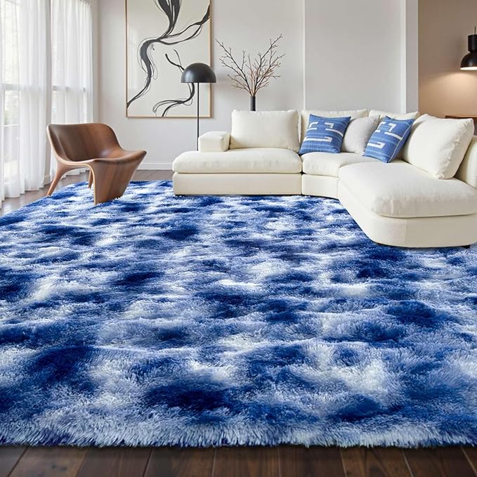 9x12 ft Fuzzy Rug for Living Room Soft Fluffy Blue White Bedroom Area Rugs Non-Slip Shaggy Carpet for Nursery Kids PlayRoom Dorm Office Indoor Modern Plush Carpets