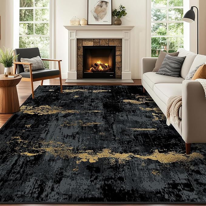 RELEANY Washable Area Rugs 5'x8' Non-Slip Modern Abstract Soft for Living Room Entryway Bedroom Nursery, Print Pattern, Dark Black Gold