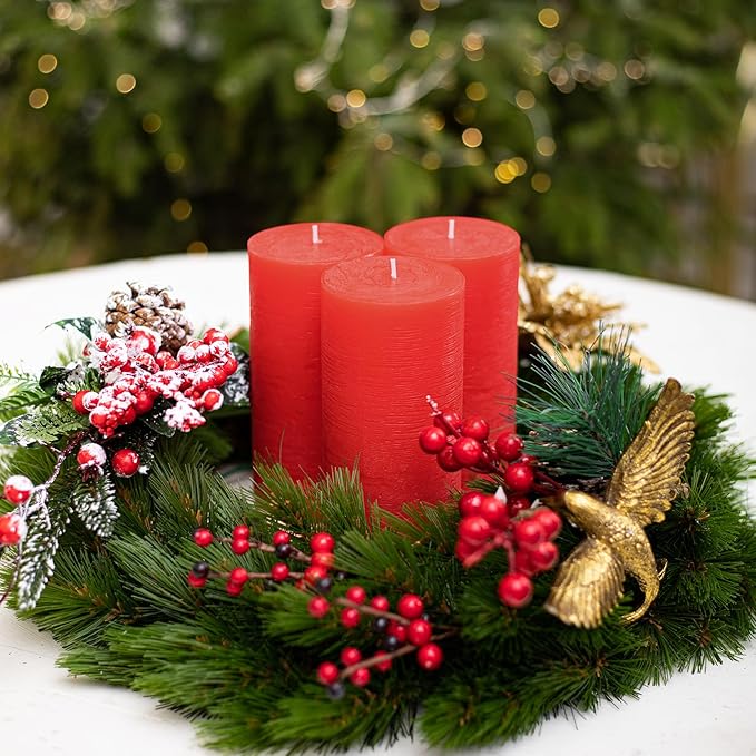CANDWAX Large Pillar Candles 3x6 Inch – Set of 3 Unscented Dripless Red Candles, Rustic Design for Events, Weddings, Home Styling