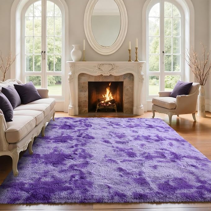5x7 Purple White Rug Fluffy Living Room Rugs Girls, Plush Soft Fuzzy Area Carpet Non Slip for Bedroom Nursery Kids Girlie Elegant Home Decor Aesthetic