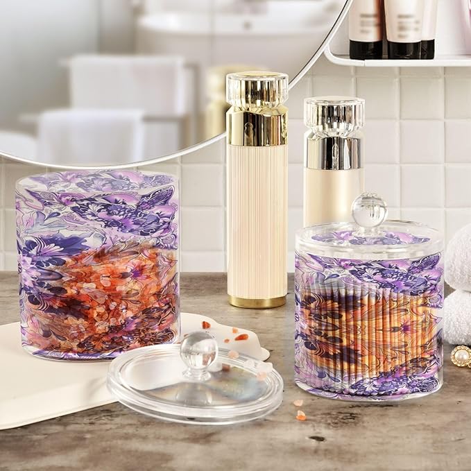 Boho Psychedelic Purple Floral Clear Plastic Makeup Organizer Storage with lid Office Essentials Decorative Dental floss storage jar for Cotton Swabs,Cotton Pads,Floss Picks,Paper Clips,Hair