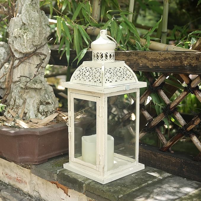 DECORKEY Lantern Decorative Indoor&Outdoor, 14.4'' Large Metal Candle Lanterns, Vintage Hanging Candle Holders Farmhouse Shelf Wedding Front Porch Patio Decor, Christmas Halloween Decorations for Home