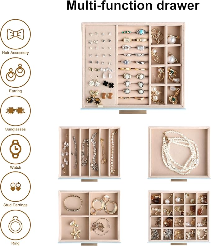 Frebeauty Clear Lid Jewelry Box,5-Layer Jewelry Organizer with Drawer,PU Leather Jewelry Organizers and Storage,Jewelry Boxes for Women,Jewelry Storage for Rings Earring Stud,Gift for Women(Sky Blue)