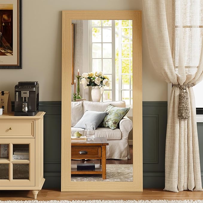 Syndra Modern Full Length Mirror Wood Frame, 65x24'' Large Floor Mirror with HD Tempered Glass & Wall Mount Option, Rectangular Standing Mirror for Bedroom, Living Room, Entryway, Farmhouse(Natural)