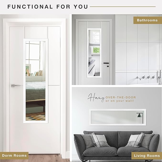 MCS 14.7x50.7 Matte White Over The Door Mirror, Full Length Hanging Mirror for Bedroom & Bathroom Doors, Lightweight Design with Patented No Tools Required Hanging System