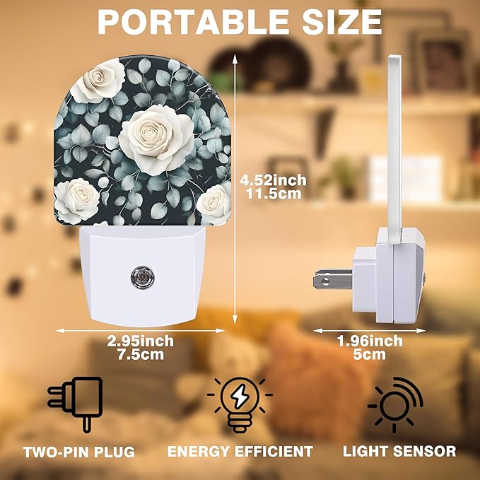 Night Light, Vintage White Rose Flower Night Lights Plug into Wall Dusk to Dawn Sensor Round Nightlight for Women Men Energy Efficient Led Lamp 0.5W for Stairway Hallway Bedroom