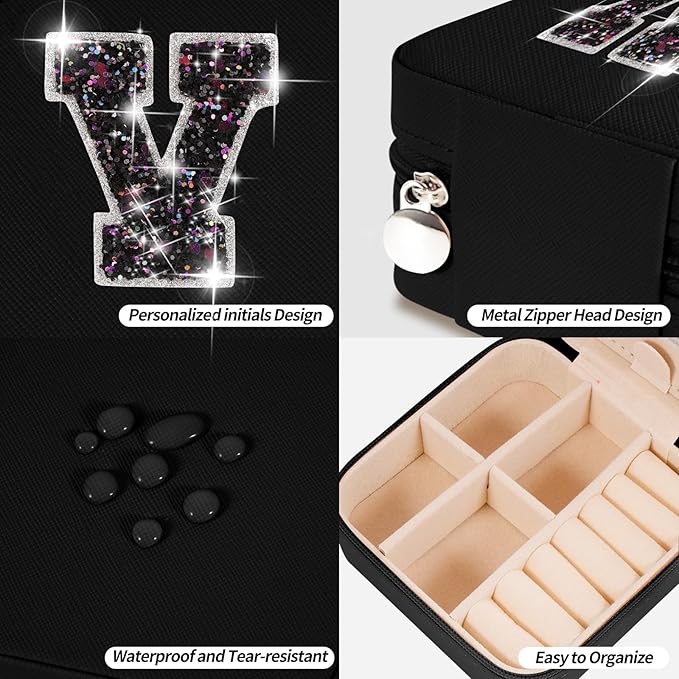 Uygafly Personalized Jewelry Case for Women Girls - Fashion Mini Jewelry Boxes - Trendy Travel Jewelry Organizer with Initials Letter - Teen Gifts | Black,V
