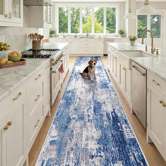RELEANY Washable Area Rugs 3x12 Non-Slip Modern Abstract Soft for Living Room Entryway Bedroom Nursery, Print Pattern, Blue Grey Navy Gray