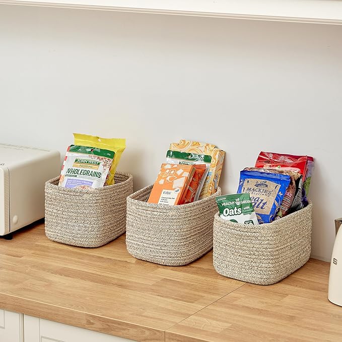 R RUNKA Small Cotton Rope Basket – Storage Bin for Organizing (10.6" x 6.7" x 6.7"), Bathroom Storage Basket for Shelf, Counter & Closet（Beige）