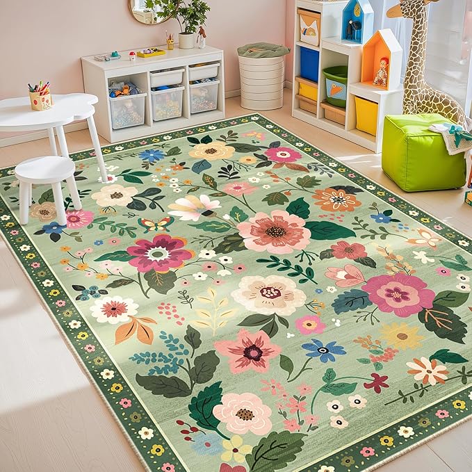 RELEANY Floral Nursery 9x12 Area Rugs Washable Print Boho Cute Carpet Non Slip Flower Low Pile for Living Room Kids Girls Playroom Bedroom Kitchen Office Farmhouse-Light Green