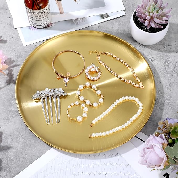 6 Pack Gold Tray Decorative Serving Decorative Gold Jewelry Bar Jewelry Dish Key Bowl Mirror Dresser Vanity Tray Makeup Organizer for Bathroom Candle Perfume Countertop(12 Inch)