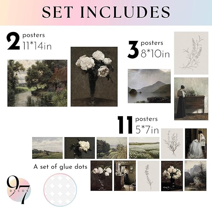 97 Decor LARGE 11X14 Vintage Wall Art Prints - Large Vintage Prints for Wall Decor Aesthetic, French Botanical Nature Posters Antique Landscape Painting, Moody Gallery Wall Art Set For Bedroom (Unframed)
