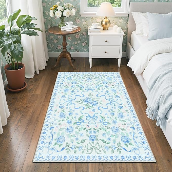 GENIMO 3X5 Washable Vintage Area Rugs for Living Room, Non-Slip Low Pile Chenille Print Rug, Soft Rugs for Bedroom Dining Room Home Office, Pastel Blue