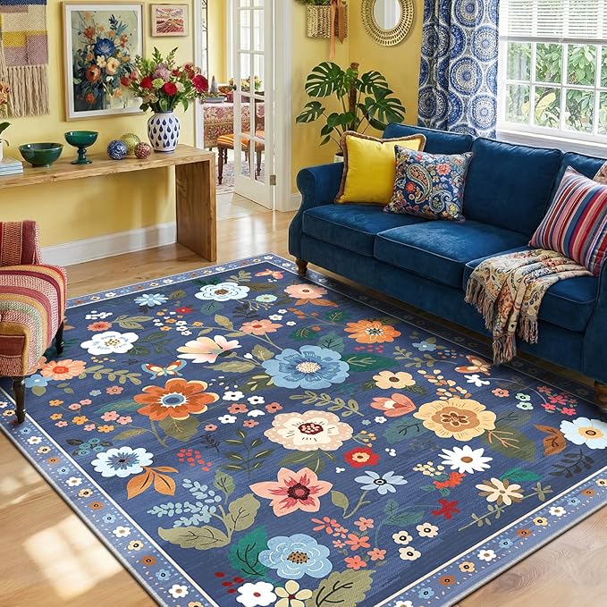 RELEANY Floral Nursery 8x10 Area Rugs Washable Print Boho Cute Carpet Non Slip Flower Low Pile for Living Room Kids Girls Playroom Bedroom Kitchen Office Farmhouse-Blue/Grey