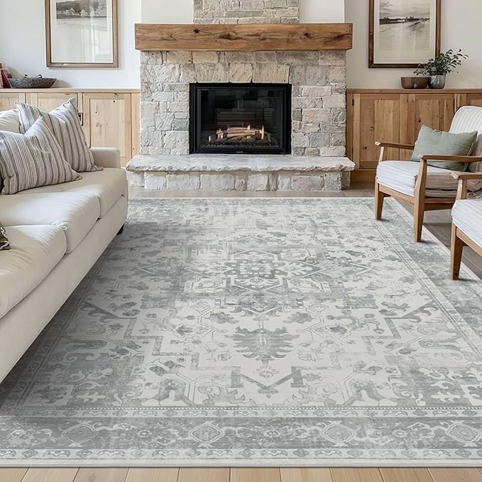 Rugxara 5X7 Washable Area Rug for Living Room, Neutral Vintage Large Boho Rugs for Office, Dining Room, Kids Room, Farmhouse, Durable Low Pile Non Slip Carpet for High Traffic Areas, Light Grey