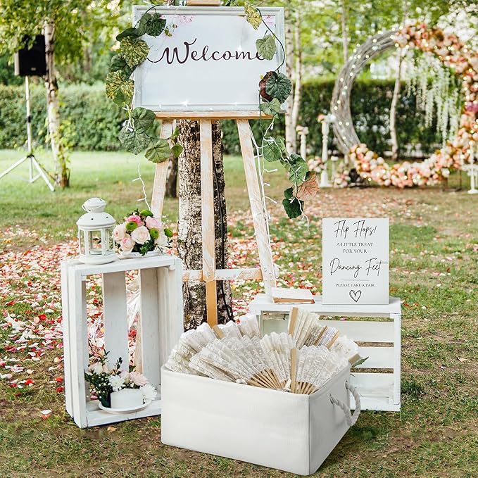 AceOrbit Wedding Basket with Handle "treat for Your Dancing Feet" Table Sign Linen Fabric Rectangular Storage Basket Bin for Organizing Wedding Slippers Bridal Shower Flip Flops Dancing Shoes