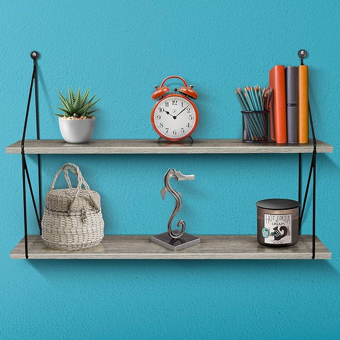Sorbus® Floating Shelf with Metal Brackets — Wall Mounted Rustic Wood Wall Storage, Decorative Hanging Display for Trophy, Photo Frames, Collectibles, and Much More (2-Tier – Grey)