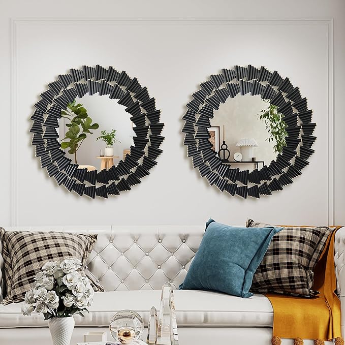 Wall Mirror Decorative, Black Mirrors for Wall Decor, Round Metal Wall Art Mirror, Large Wall Mirrors for Living Room,Bedroom, Bathroom, Entryway, 28 Inch