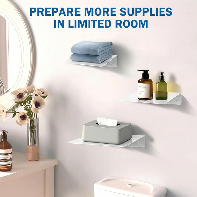 Steel Floating Shelves for Wall,Small Wall Shelf，Bookshelf Living Room Bedroom Home Office Bathroom，Little Mini Tiny Display Hanging Shelves for Books/Storage/Room Decor (White 11.81x7.87in)