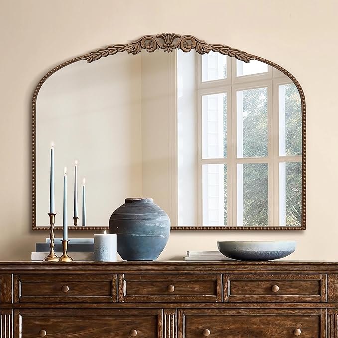 Besdomus Gold Large Arched Mirror: 40"x29" French Baroque Vintage Mirror - Traditional Ornate Antique Mirrors for Wall/Mantel/Bedroom/Entryway/Bathroom/Hallway - Home Decor for Fashion-Conscious