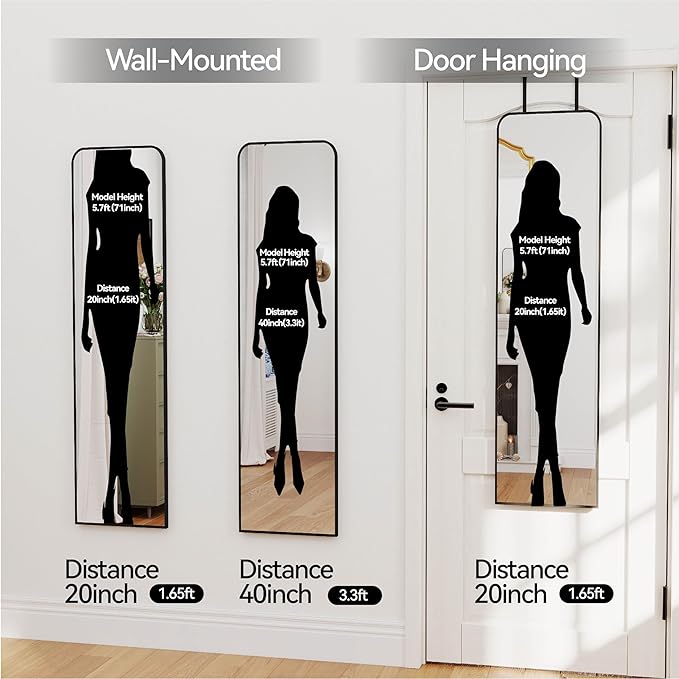 SCWF-GZ 47x14 Mirror Full Length Door Hanging Wall Mounted Aluminum Alloy Metal Frame Dressing Make-up Save Space Half Body Mirrors for Entryway Bedroom Bathroom Living Room 47 inch Black