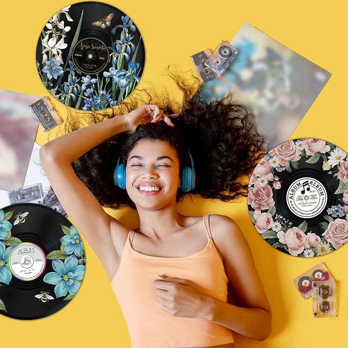 Chunful 6 Pake 12 Inch Vintage Records Wall Decor Aesthetic Retro Record Wall Decor for Dorm Bedroom Living Room Art Display Rock and Roll Music Hippie Party Records Decorations (Floral)