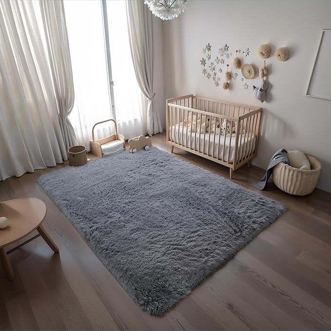 KICHOWUA 3x5 Grey Fluffy Shag Rug for Bedroom Soft Plush Fuzzy Washable Non Slip Carpet, Modern Floor Cozy Furry Shaggy Small Area Rug for Living Room, Kids Baby Boys Girls Nursery Dorm Room