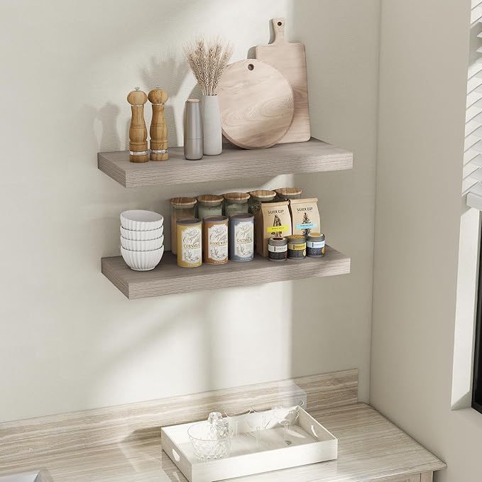Fun Memories 30 Inch Grey Floating Shelves for Wall, 12 Inch Deep Shelves for Bathroom|Kitchen|Bedroom, Wall Mounted Rustic Wood Floating Shelf with Invisible Brackets for Books|Storage|Decor, 2 Pack