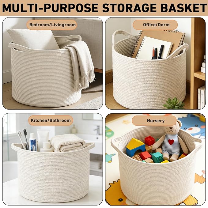65L Large Blanket Basket,Woven Rope Laundry Basket Hamper with Handles,Decorative Nursery Basket Storage Bin for Toys, Pillows , Clothes Organizer, Living Room, Bedroom, Bathroom, White