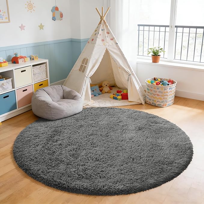 yulidayang Fluffy Round Area Rugs for Bedroom,4'X4'Shag Circle Area Rugs for Living Room,Non Slip Fuzzy Plush Rug for Kids Room Boys Girls Room and Dorm,Deep Grey