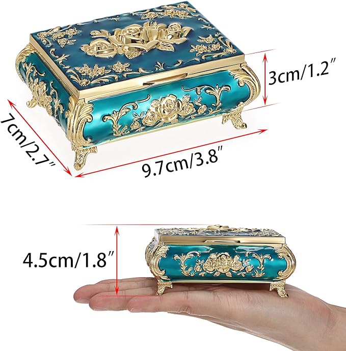 Hipiwe Vintage Metal Jewelry Box Small Treasure Chest Case Trinket Organizer Earrings Necklace Bracelet Storage Box Ring Box Holder Keepsake Box for Women