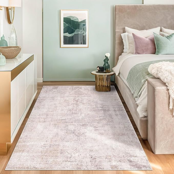 Hazo Haus Washale Modern Bedroom 4x6 Area Rugs - Pink and Grey Rug for Living Room, Kitchen, Non Slip & Soft, Medallion Distressed Print Pattern