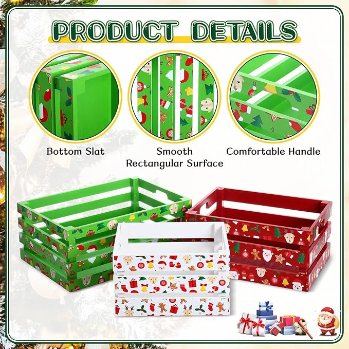 Novabright 3 Pcs Christmas Wood Crates 13'' 11'' 9'' Decorative Rustic Nesting Crate with Handle Farmhouse Wood Storage Basket Gift Boxes for Winter Display Candy Craft Pet Holiday Decor(Cute Style)