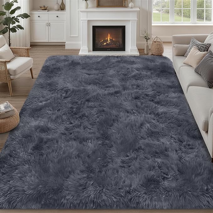 Fluffy Area Rugs 9x12 Living Room Bedroom: Ultra Soft Shag Rug Upgrade Non-Slip Non-Shedding Large Fuzzy Plush Carpet Indoor Floor Carpets for Kids Room Playroom Nursery Dorms Home Decor Grey