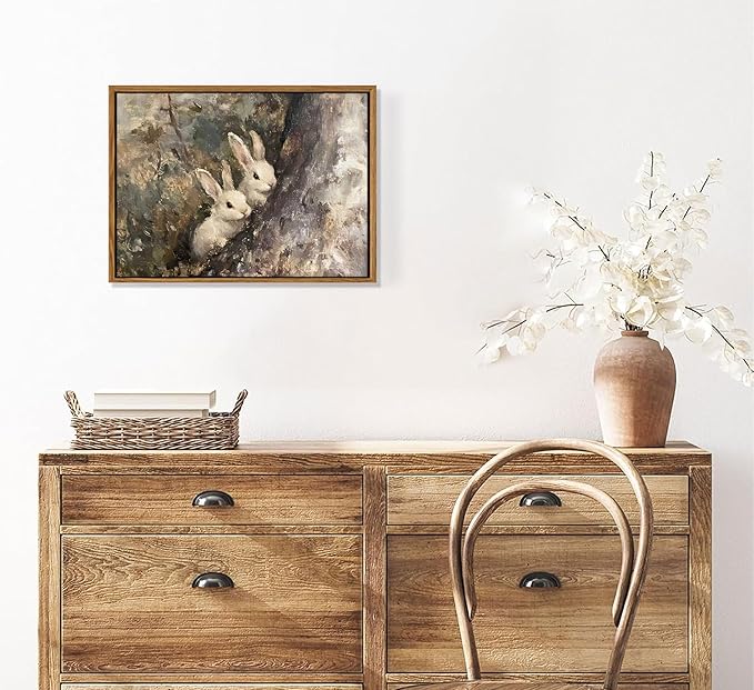 Framed Vintage Bunny Canvas Wall Art Rustic Rabbit in the Forest Vintage Farmhouse Painting Classical Oil Cottagecore Wall Decor For Bedroom Living Room Kitchen Office