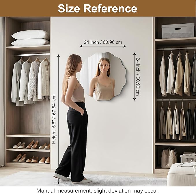 CILIBER Frameless Wavy Round Mirror, 24'' Scalloped Circle Wall Mirror, 3mm Tempered Glass Decorative Bathroom Vanity Mirror, Mounting/Leaning for Mantel, Living Room, Bedroom and Entryway