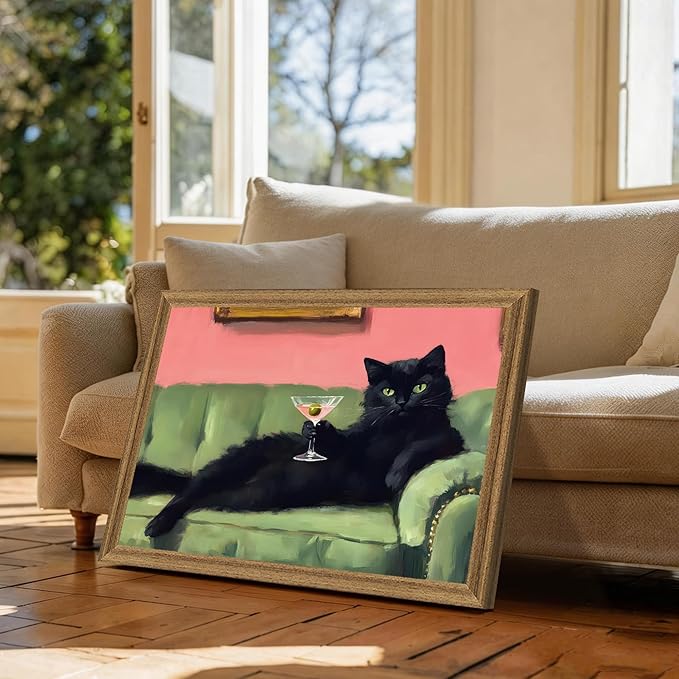 Fantasy Artists Humorous Black Cat Character Wall Art – Relaxed Anthropomorphic Illustration with Playful Attitude, Framed Canvas for Living Room, Office or Creative Space, 20W X 30H