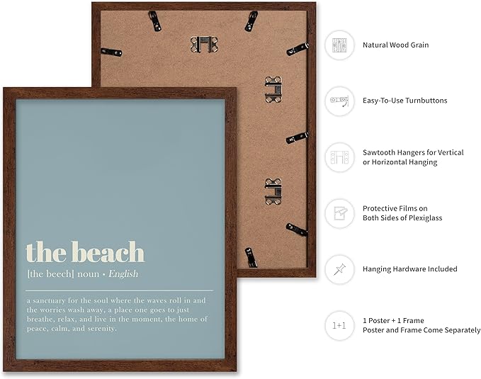Poster Master Typography Poster - Dictionary Print - Beach Definition, Home of Peace and Calm, Sanctuary, Waves, Soul, Relax - Gift for Family, Friend - Wall Decor for Home, 16x20 Brown Framed