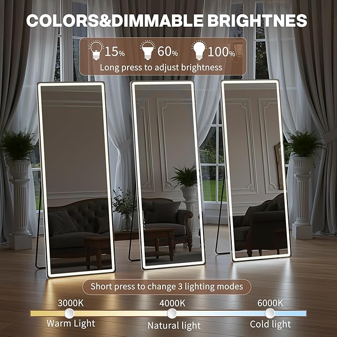 Full Length Mirror with Lights, 71" x 26" LED Floor Mirror, Full Body Dressing Standing Mirrors with Dimming & 3 Color Lighting, Hanging Mounted Mirrors for Living Room Bedroom Cloakroom