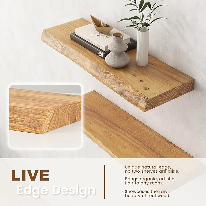 Venusmiles Live Edge Elm Floating Shelves for Wall Decor, Rustic Solid Wood Shevles Wall Mounted with Invisible Bracket for Living Room Bathroom Bedroom Kitchen, 55 Inch Set of 1, Natural