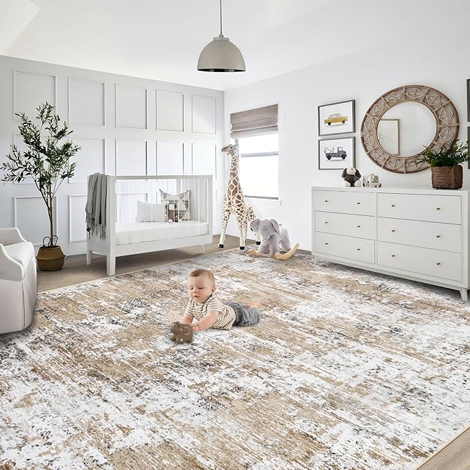 XLUEZ 9x12 Area Rug for Living Room, Washable Modern Abstract Large Area Rug Neutral Soft Non Slip Kids Rug Stain Resistant Indoor Carpet for Bedroom Dining Room Playroom Office(Beige, 9'x12')