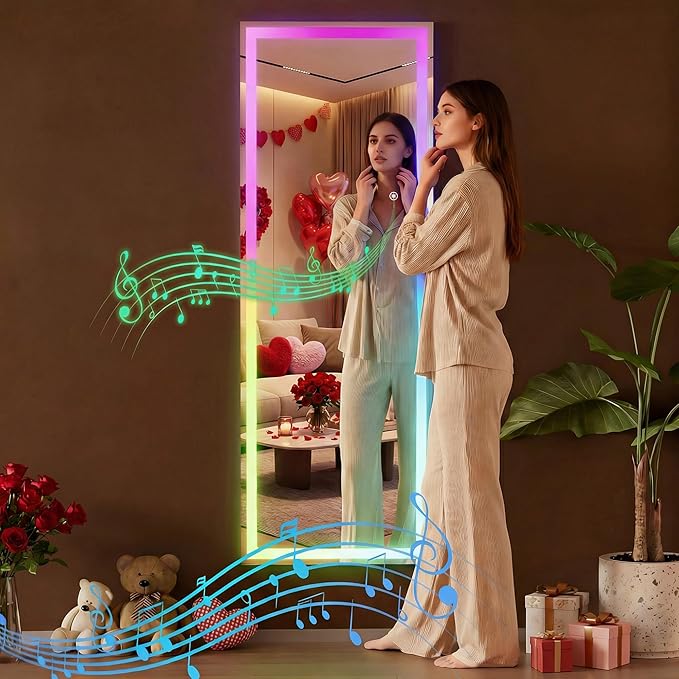 Hasipu 56"x16" LED RGB Bluetooth Full Length Mirror with Lights, Full Body Mirror with Stand, Wall Mount & Free Standing Floor Mirror for Bedroom Living Room Cloakroom, 7 Color & Brightness Adjustable