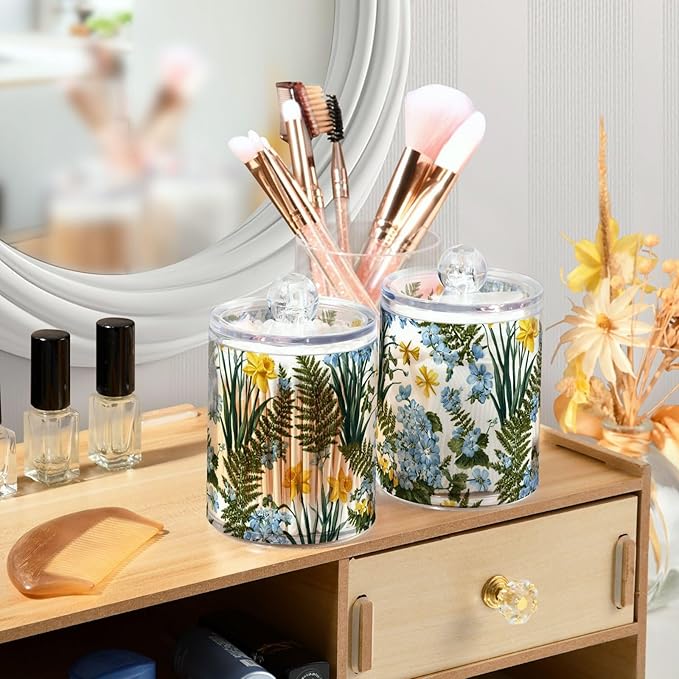 2 Pack Apothecary Jars Vibrant Wildflower Garden Floral Bathroom Vanity Storage Organizer Set,Small Clear Plastic Storage Jars Bathroom Canister for Cotton Swabs, Rounds, Balls, Qtips,Makeup Sp