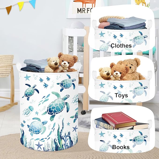 Sea Animals Laundry Hamper Ocean Fish Coral Large Storage Basket Parents Organizer Kids Clothes Toy Bins for Bedroom, Bathroom, Blue Turtles, 63L
