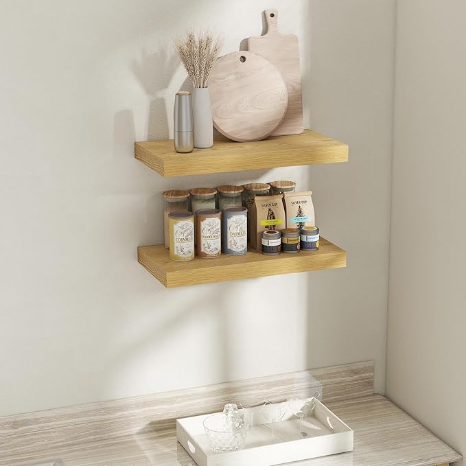 12 Inch Deep Floating Shelves for Wall, 24 x 12 Rustic Wood Grain Bathroom Shelves with Invisible Brackets, Easy Install Wood Storage Shelves for Kitchen, Living Room, Bedroom, Oak, Set of 2