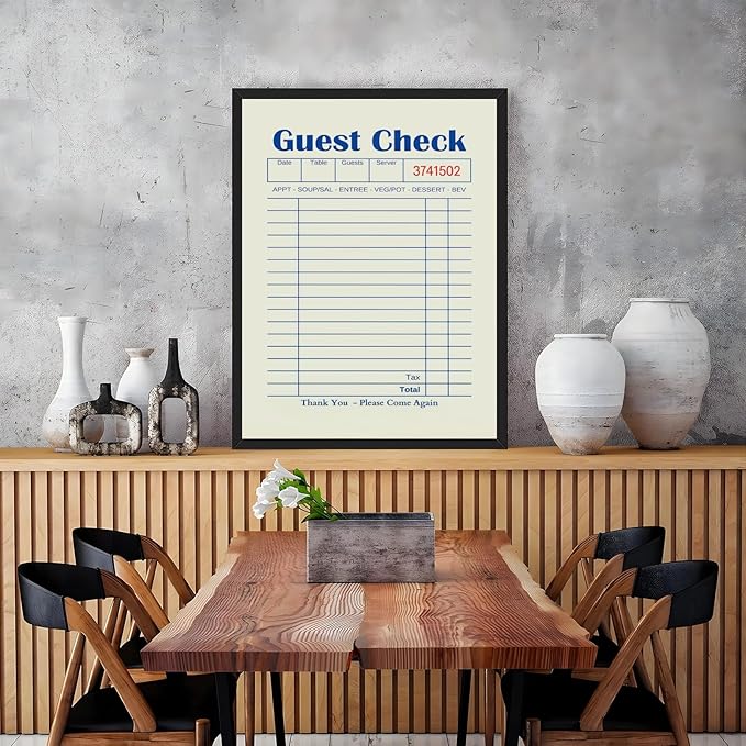 Licpach Blank Guest Check Kitchen Wall Art Retro Restaurant Blue Guest List Canvas Print Funny Quote Poster Trendy Minimal Receipt Sheet Painting for Dining Room Coffee Bar Decor 12x16inch Black Frame
