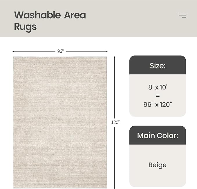 Valenrug Washable Rugs 8x10 - Stain Resistant 8x10 Area Rugs for Living Room, Non Slip Backing Rugs for Bedroom, Folable Machine Washable Area Rug (8'x10', Beige)