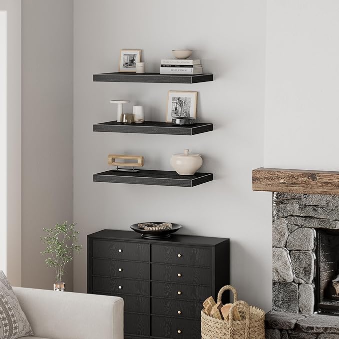 QEEIG 12" Deep Floating Shelves for Wall - 12 x 24 inch Book Shelf Bathroom Bedroom Kitchen Living Room Hanging Bookshelf Farmhouse Set of 3, Black (026-60B3)