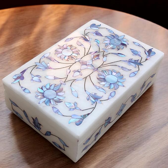 Marble Jewelry Box with Floral Mother of Pearl Inlay 6x4"inch – Handmade Marble Keepsake Organizer for Jewelry & Makeup, Decorative Trinket Box, Ideal Anniversary & Housewarming Gift for Women